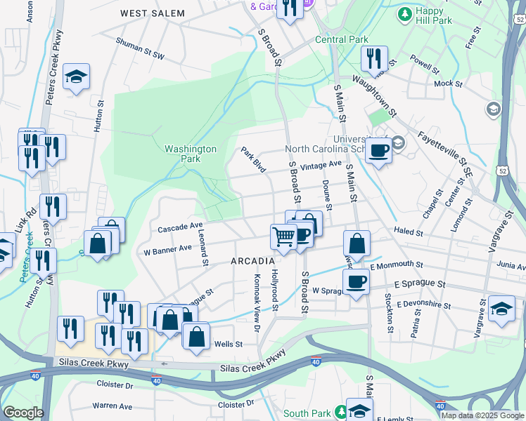 map of restaurants, bars, coffee shops, grocery stores, and more near 315 Cascade Avenue in Winston-Salem