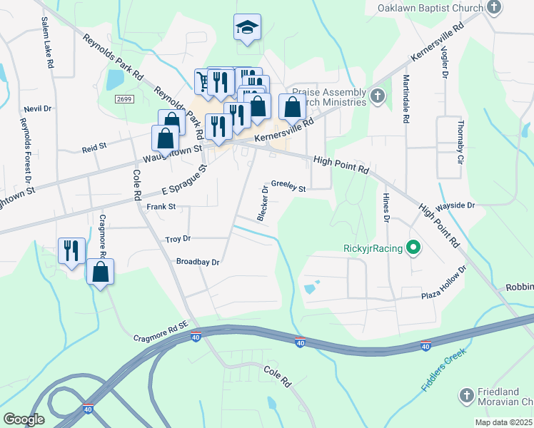 map of restaurants, bars, coffee shops, grocery stores, and more near 2365 Blecker Drive in Winston-Salem