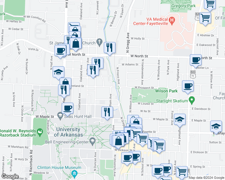 map of restaurants, bars, coffee shops, grocery stores, and more near 680 Whitham Avenue in Fayetteville