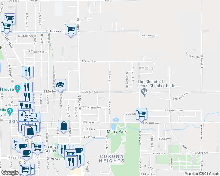 map of restaurants, bars, coffee shops, grocery stores, and more near 428 North Park Street in Porterville