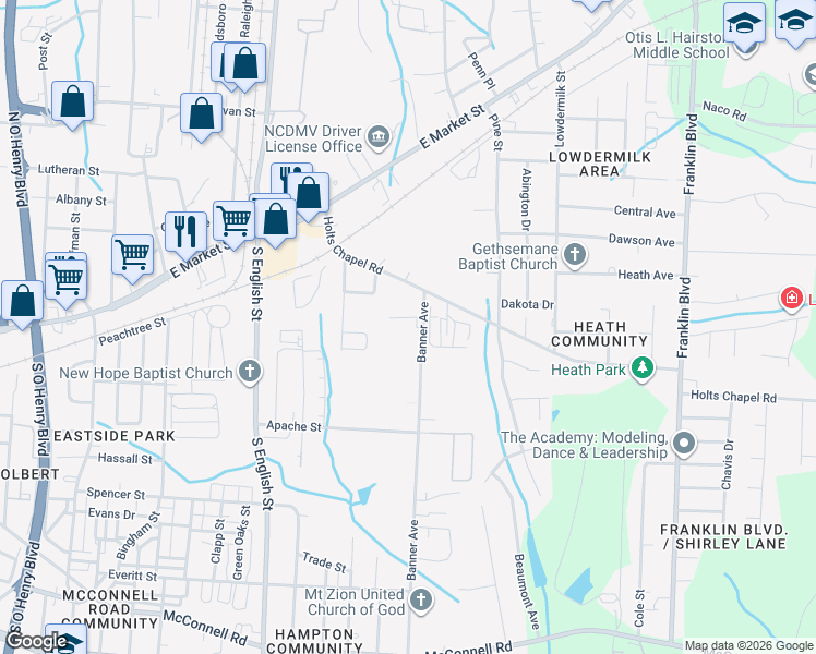 map of restaurants, bars, coffee shops, grocery stores, and more near 404 Banner Avenue in Greensboro