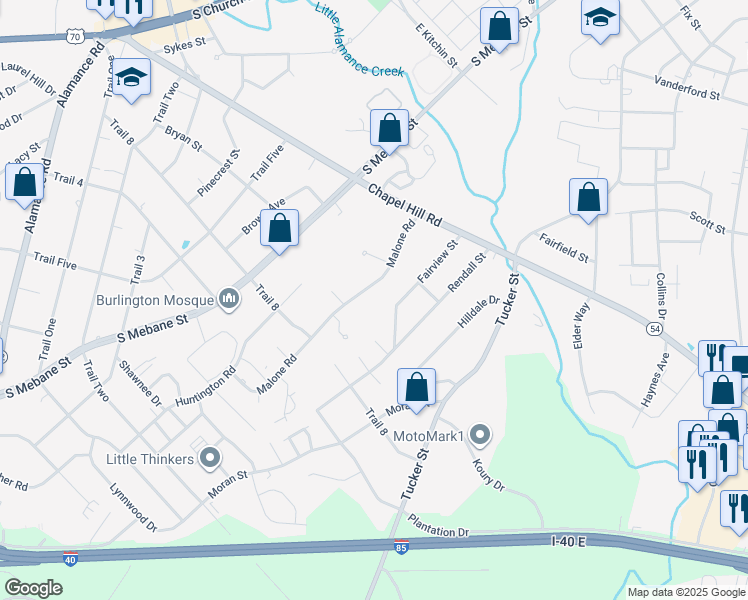 map of restaurants, bars, coffee shops, grocery stores, and more near 1814 Malone Road in Burlington
