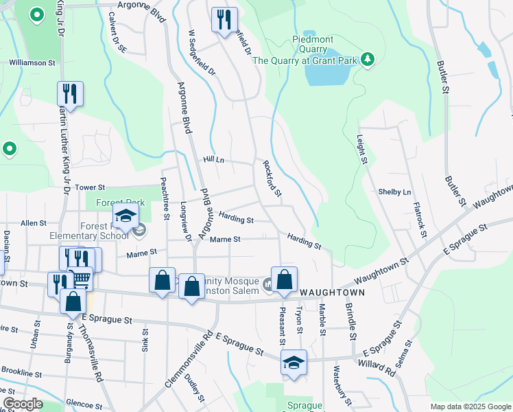 map of restaurants, bars, coffee shops, grocery stores, and more near 1726 Pleasant St in Winston-Salem