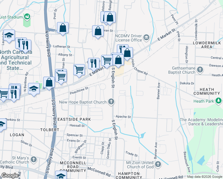 map of restaurants, bars, coffee shops, grocery stores, and more near 218 South English Street in Greensboro