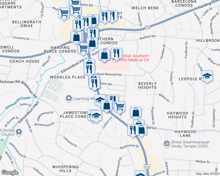 map of restaurants, bars, coffee shops, grocery stores, and more near 4310 Old Goins Road in Nashville