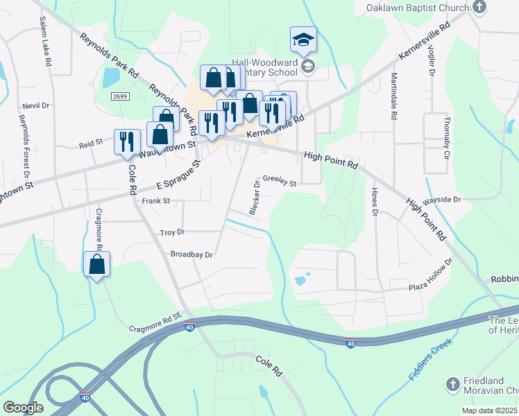 map of restaurants, bars, coffee shops, grocery stores, and more near 2365 Blecker Drive in Winston-Salem
