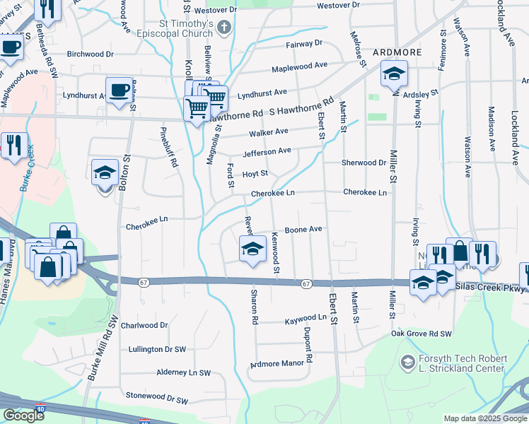 map of restaurants, bars, coffee shops, grocery stores, and more near 1316 Kenwood Street in Winston-Salem