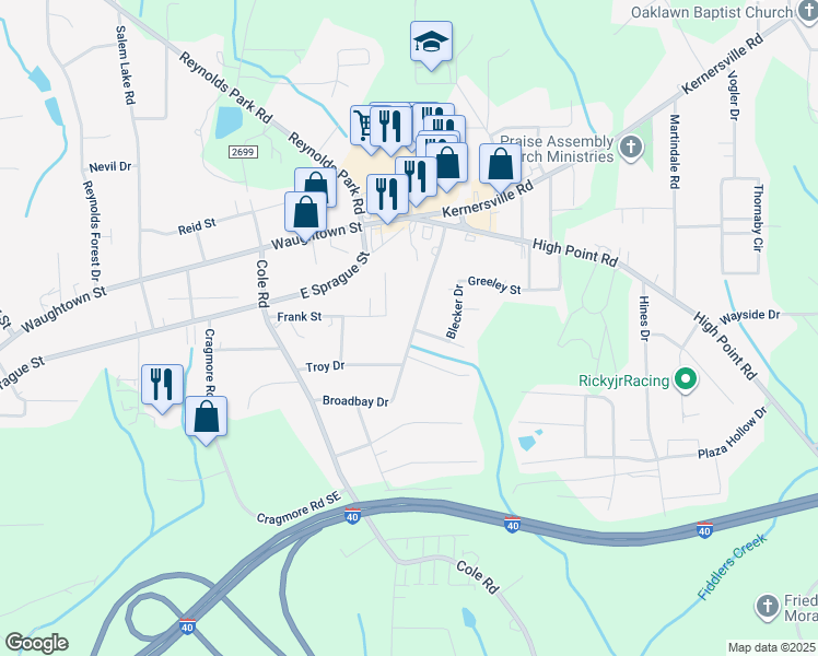 map of restaurants, bars, coffee shops, grocery stores, and more near 2985 Broadbay Drive in Winston-Salem