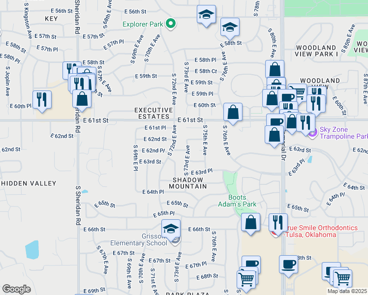 map of restaurants, bars, coffee shops, grocery stores, and more near 6216 S 73rd E Ave in Tulsa