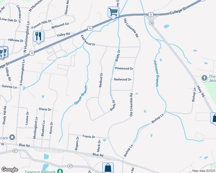 map of restaurants, bars, coffee shops, grocery stores, and more near 222 Brady Drive in Dickson
