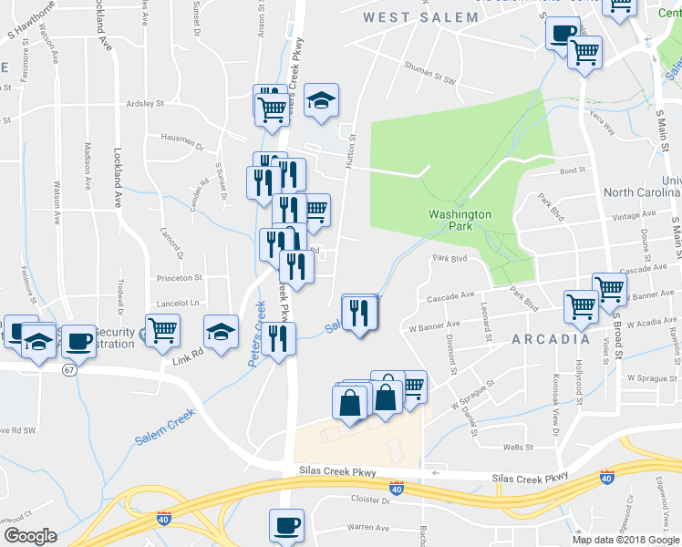 map of restaurants, bars, coffee shops, grocery stores, and more near 1121 Hutton Street in Winston-Salem