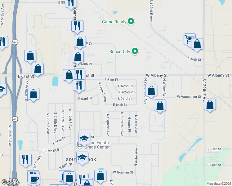 map of restaurants, bars, coffee shops, grocery stores, and more near 11802 East 62nd Place in Broken Arrow