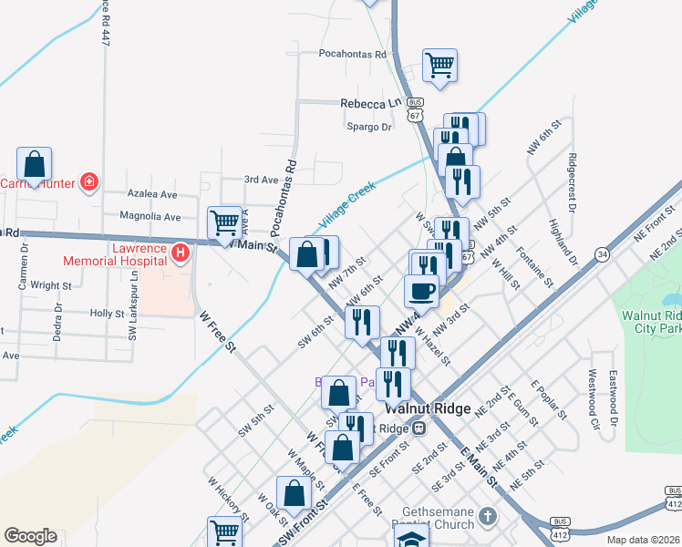 map of restaurants, bars, coffee shops, grocery stores, and more near 700 West Walnut Street in Walnut Ridge