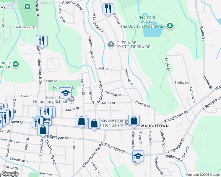 map of restaurants, bars, coffee shops, grocery stores, and more near 1429 Donald Street in Winston-Salem