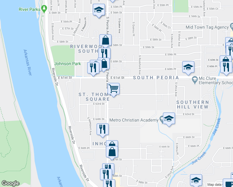 map of restaurants, bars, coffee shops, grocery stores, and more near 1343 East 62nd Street in Tulsa