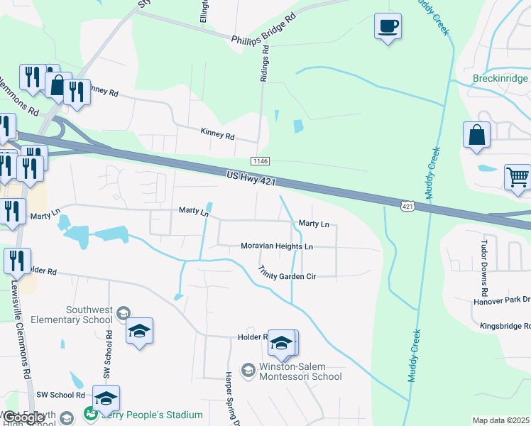 map of restaurants, bars, coffee shops, grocery stores, and more near 1481 Banbury Circle in Clemmons