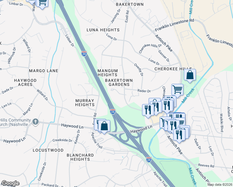 map of restaurants, bars, coffee shops, grocery stores, and more near 401 Bakertown Road in Nashville