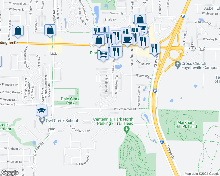 map of restaurants, bars, coffee shops, grocery stores, and more near 635 North Salem Road in Fayetteville