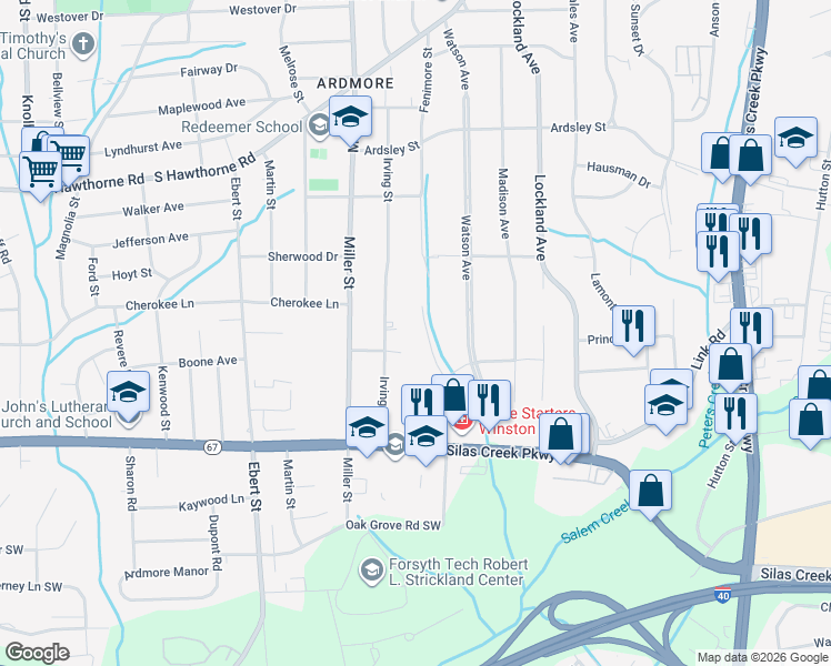 map of restaurants, bars, coffee shops, grocery stores, and more near 1216 Fenimore Street in Winston-Salem