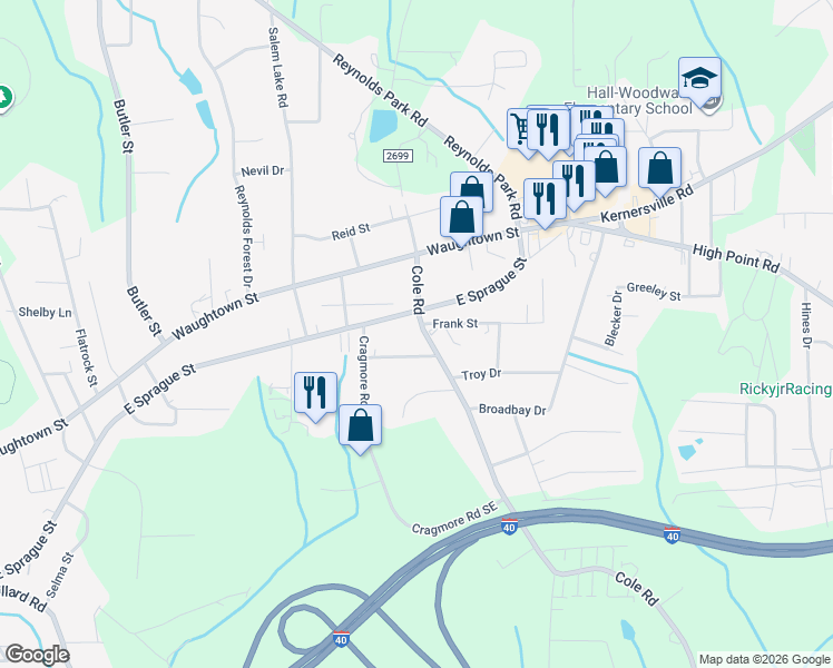 map of restaurants, bars, coffee shops, grocery stores, and more near 2308 Cole Road in Winston-Salem