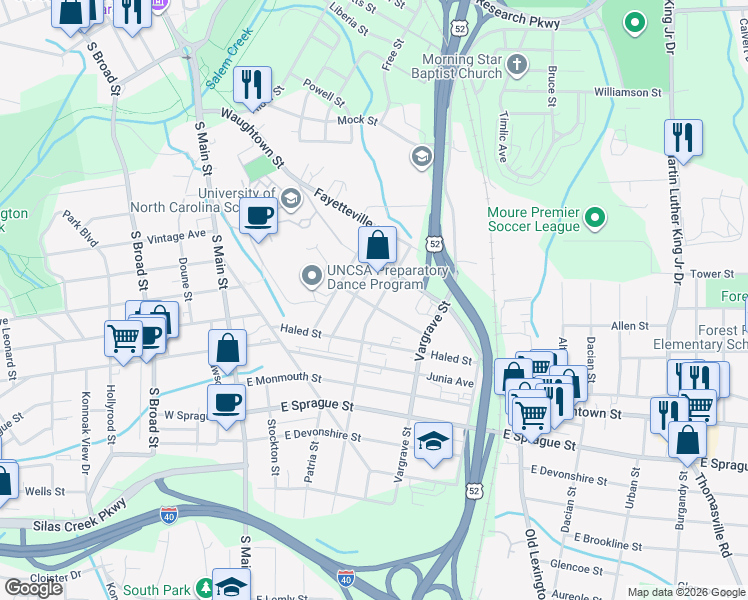 map of restaurants, bars, coffee shops, grocery stores, and more near 1713 Center Street in Winston-Salem