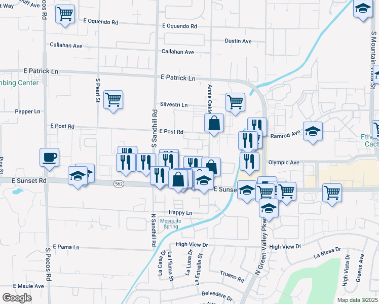 map of restaurants, bars, coffee shops, grocery stores, and more near 6340 South Sandhill Road in Las Vegas