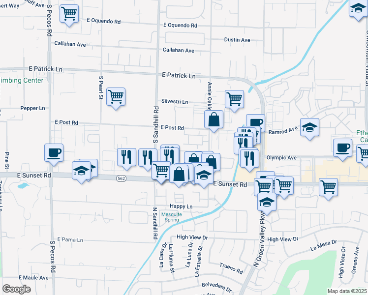 map of restaurants, bars, coffee shops, grocery stores, and more near 6340 South Sandhill Road in Las Vegas