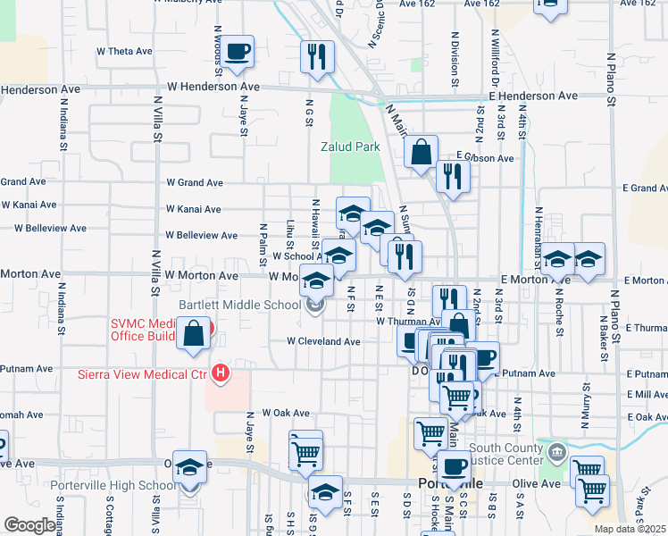 map of restaurants, bars, coffee shops, grocery stores, and more near 419 North El Granito Street in Porterville