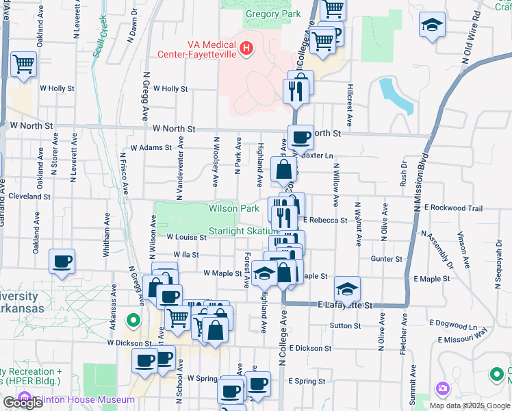 map of restaurants, bars, coffee shops, grocery stores, and more near 7 West Prospect Street in Fayetteville