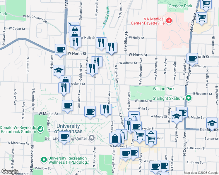 map of restaurants, bars, coffee shops, grocery stores, and more near 688 Whitham Avenue in Fayetteville