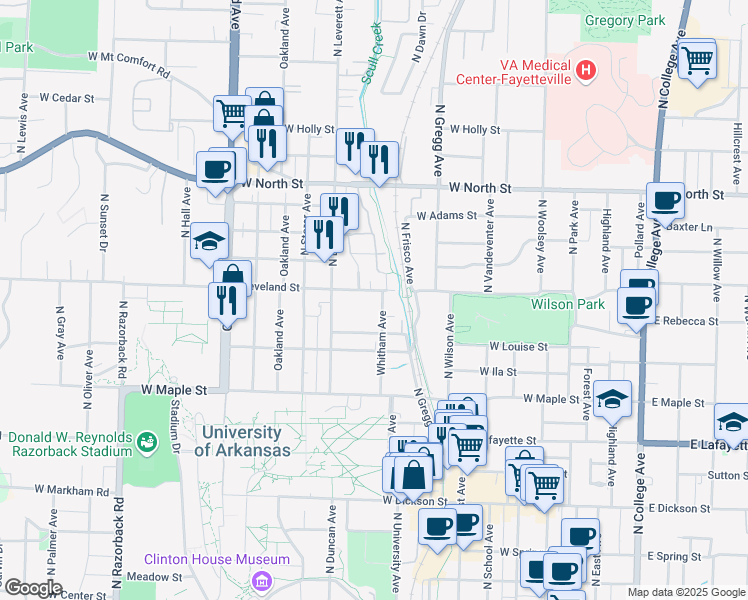 map of restaurants, bars, coffee shops, grocery stores, and more near 688 Whitham Avenue in Fayetteville