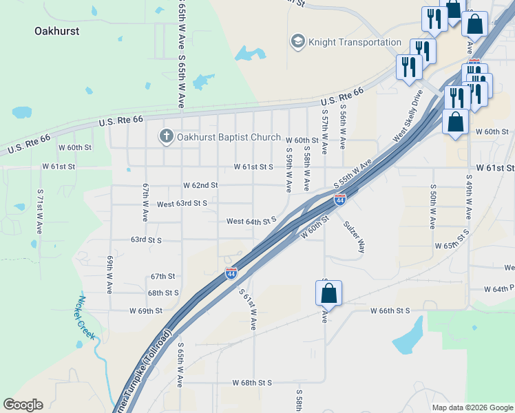 map of restaurants, bars, coffee shops, grocery stores, and more near 6037 East 64th Place in Tulsa