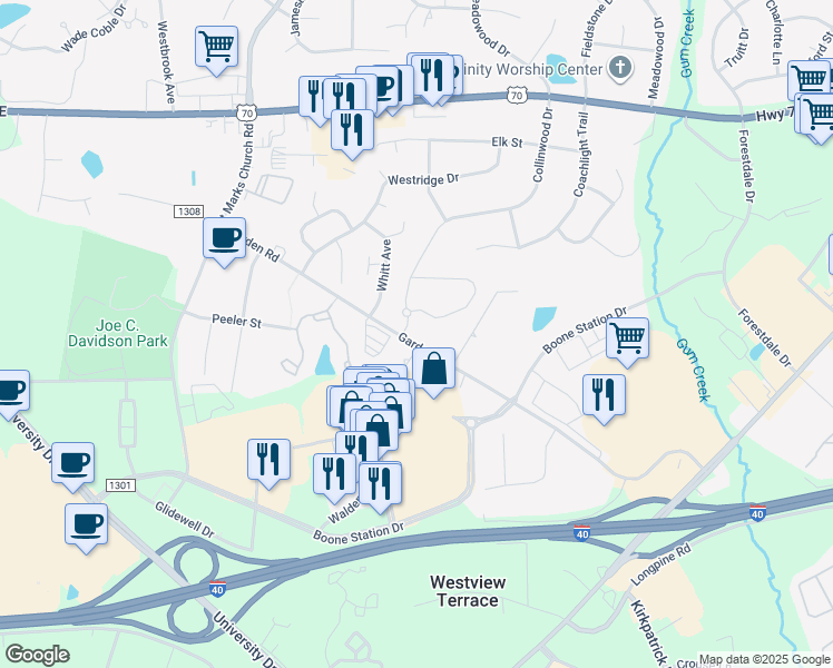 map of restaurants, bars, coffee shops, grocery stores, and more near 3405 Garden Road in Burlington