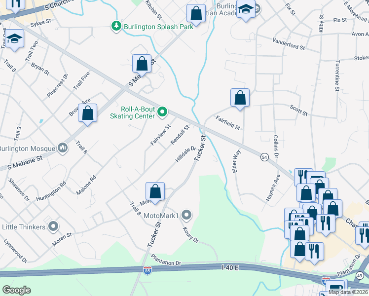 map of restaurants, bars, coffee shops, grocery stores, and more near 1913 Hilldale Drive in Burlington