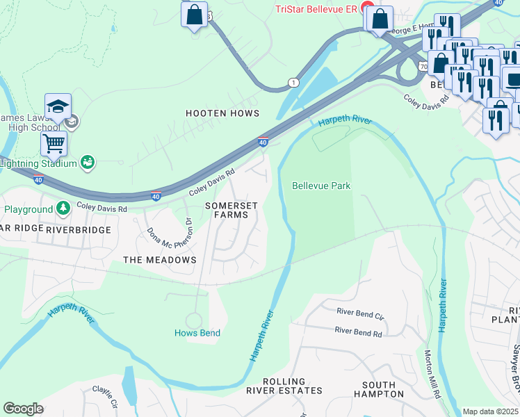 map of restaurants, bars, coffee shops, grocery stores, and more near 6921 Somerset Farms Circle in Nashville