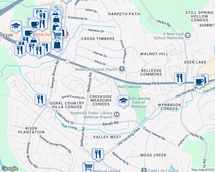 map of restaurants, bars, coffee shops, grocery stores, and more near 7439 Highway 70 South in Nashville