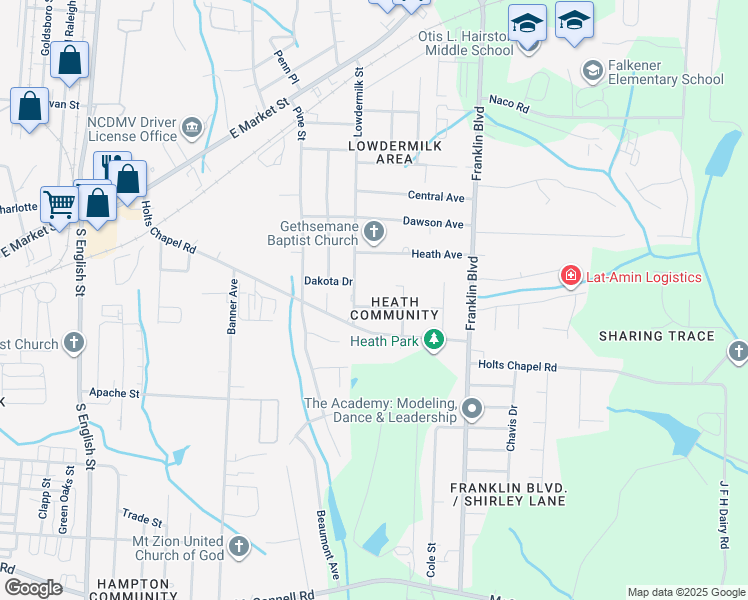 map of restaurants, bars, coffee shops, grocery stores, and more near 3703 Brady Street in Greensboro