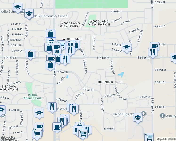 map of restaurants, bars, coffee shops, grocery stores, and more near 8609 East 62nd Place in Tulsa