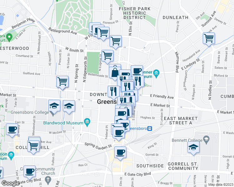 map of restaurants, bars, coffee shops, grocery stores, and more near 109 West Friendly Avenue in Greensboro