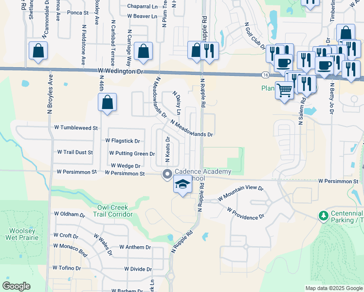 map of restaurants, bars, coffee shops, grocery stores, and more near 612 North Tennyson Lane in Fayetteville
