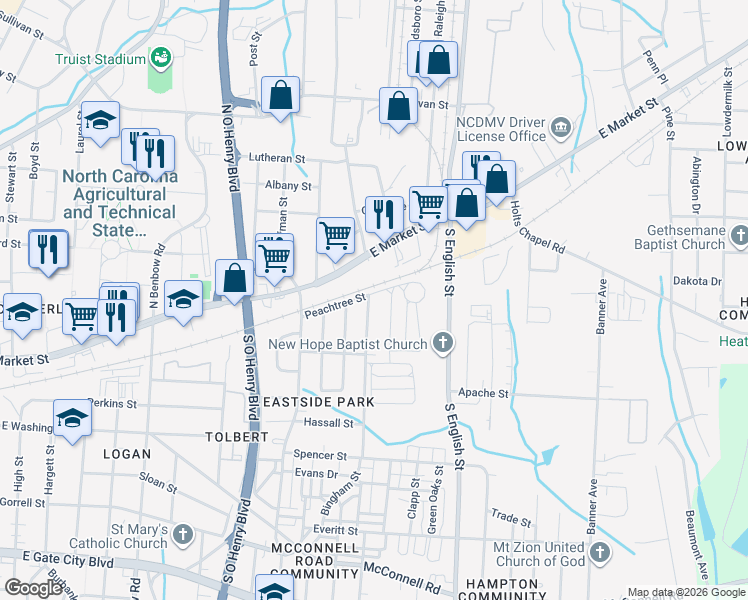 map of restaurants, bars, coffee shops, grocery stores, and more near 201 Bingham Street in Greensboro