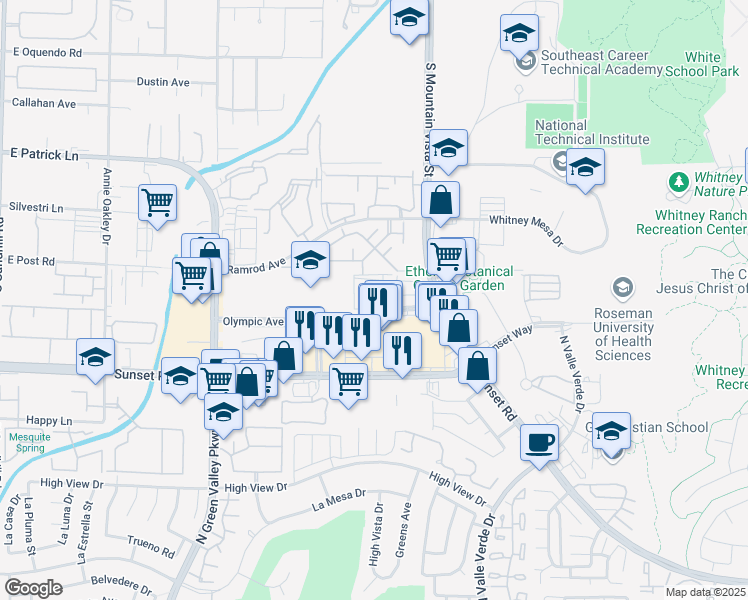 map of restaurants, bars, coffee shops, grocery stores, and more near 2050 Olympic Avenue in Henderson