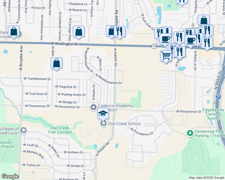 map of restaurants, bars, coffee shops, grocery stores, and more near 619 Alley 4040 in Fayetteville