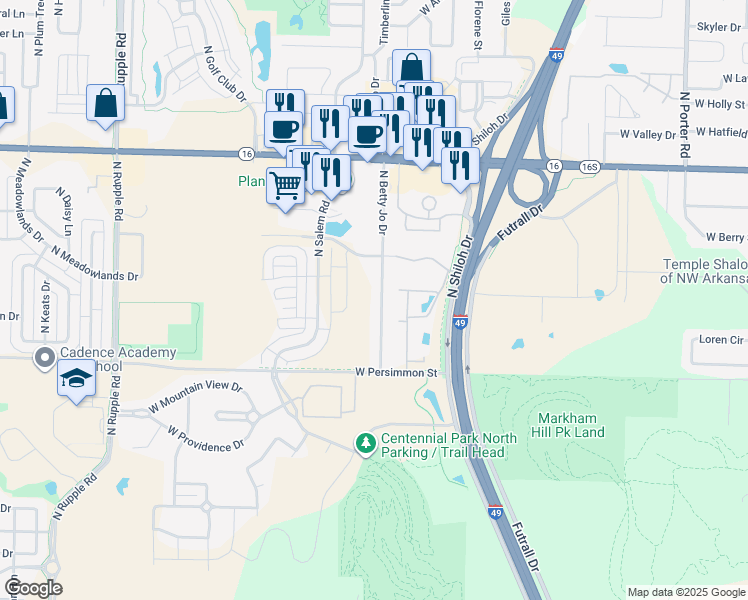 map of restaurants, bars, coffee shops, grocery stores, and more near 625 North Betty Jo Drive in Fayetteville