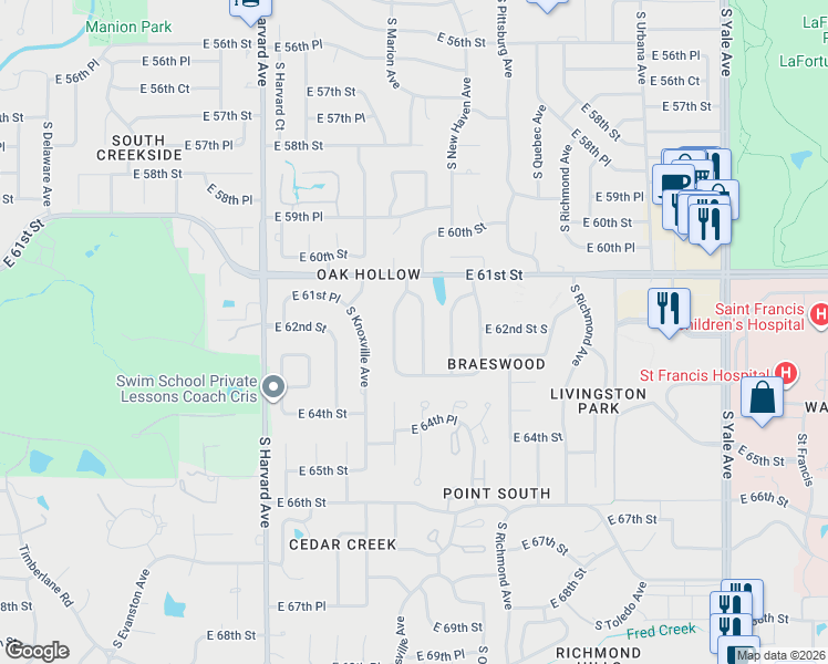 map of restaurants, bars, coffee shops, grocery stores, and more near 6140 South Marion Avenue in Tulsa
