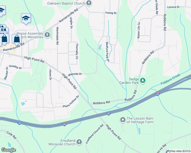 map of restaurants, bars, coffee shops, grocery stores, and more near 224 Wayside Drive in Winston-Salem