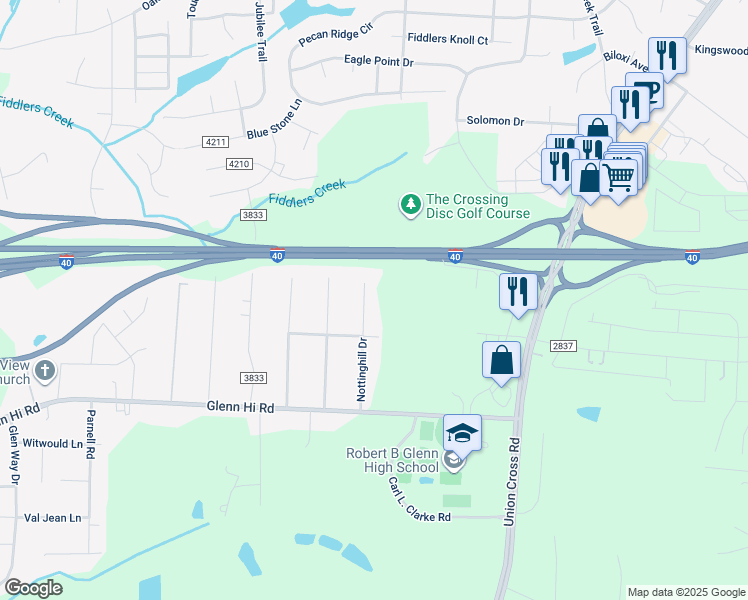 map of restaurants, bars, coffee shops, grocery stores, and more near 613 Nottinghill Drive in Winston-Salem