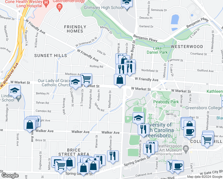 map of restaurants, bars, coffee shops, grocery stores, and more near 1715 West Market Street in Greensboro