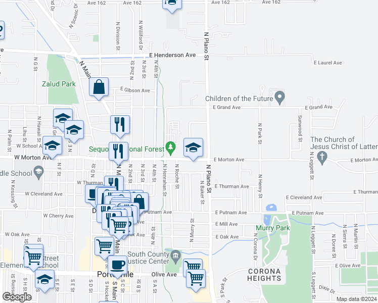 map of restaurants, bars, coffee shops, grocery stores, and more near 435 North Murry Street in Porterville