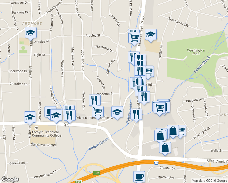 map of restaurants, bars, coffee shops, grocery stores, and more near 1331 Leheigh Court in Winston-Salem